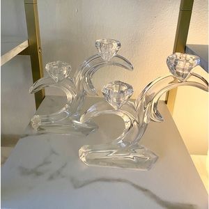 Pair of Duiske Ireland Cut Crystal Double Taper Candle Stick Holders